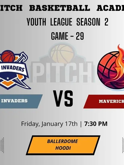The game time announcement for a Friday night doubleheader in Season 2, featuring The Invaders vs. The Mavericks.