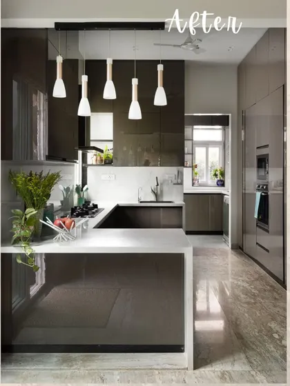 A glimpse of a complete kitchen overhaul. By rethinking the entire layout, we introduced a breakfast counter, integrated appliances for a seamless look, and maximized natural light, transforming it into a bright, efficient, and beautiful space.
