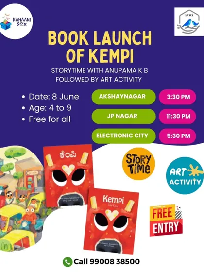 An announcement for the book launch of 'Kempi', a new Kannada children's book. We were thrilled to host the author and illustrator for a story time and art activity.