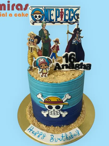 Set sail for adventure with this One Piece anime cake. The design features the Straw Hat Pirates crew, the Jolly Roger symbol, and an ocean theme for a 16th birthday quest.