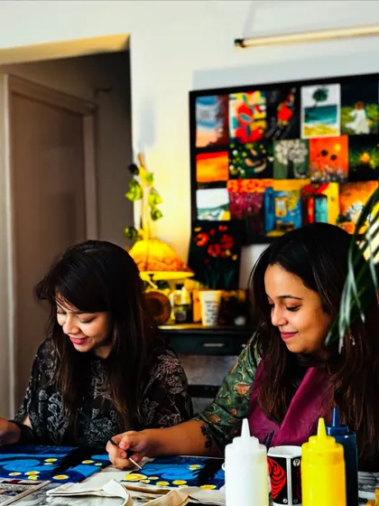 Here are Sanchita and Sukriti, painting together at the studio. It's always a joy when friends come to create together, filling the space with laughter and happy vibes.