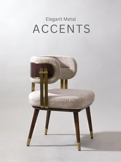 This elegant armchair features a unique design with metal accents and a curved, open back. The combination of wood, metal, and textured fabric creates a sophisticated and modern look.