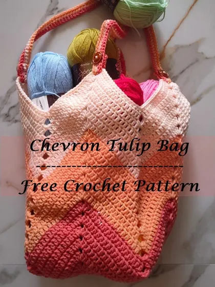 This image highlights the free crochet pattern I created for my Chevron Tulip Bag. I love sharing my designs, and this tote is a great project for those looking to try a chevron stitch pattern.