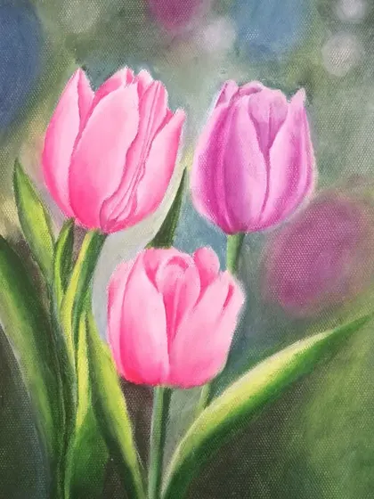 An oil painting of pink tulips on canvas. The soft, out-of-focus background helps to make the flowers the main subject of the piece.