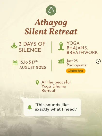 This graphic summarizes what our silent retreat is all about: three days of silence, yoga, bhajans, and breathwork with a small group of 25 participants. It’s a simple, powerful formula for finding calm.