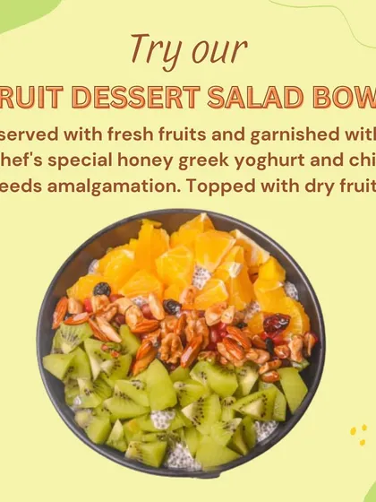 Here's another look at my Fruit Dessert Salad Bowl. It's served with fresh fruits and garnished with a special honey Greek yogurt and chia seed amalgamation, topped with dry fruits.