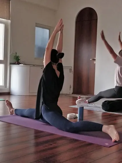 Working towards Hanumanasana (the splits) with the support of blocks. This pose teaches us patience and persistence.