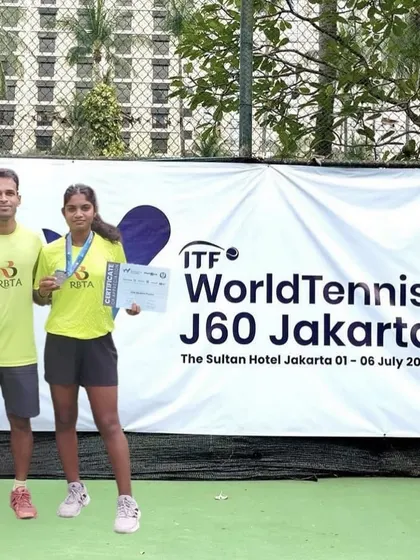 Saumya Rhonde with her coach after finishing as the runner-up in the ITF J60 doubles in Jakarta, Indonesia. A fantastic achievement on the international stage.