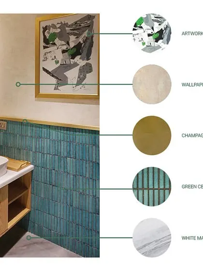 The material palette for the bathrooms in 'The Reserved Lounges'. This board specifies the green ceramic tiles, neutral wallpaper, and champagne gold metal accents used to create a unique and fresh design.