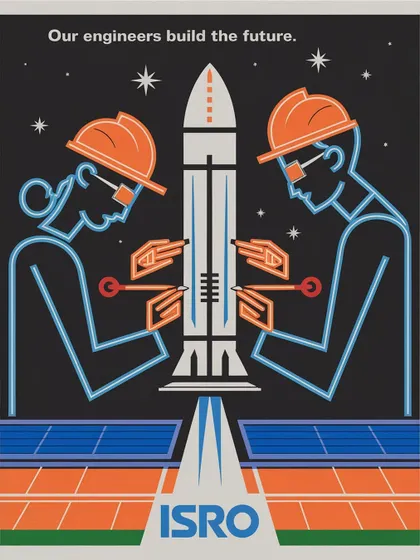 An ISRO poster depicting engineers building the future. The minimalist, line-art style is a nod to the design language of the 60s and 70s.