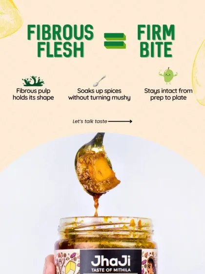 The fibrous flesh of the Kalkatiya mango gives our pickle a firm bite. Its pulp holds its shape and soaks up spices without turning mushy, staying intact from prep to plate.