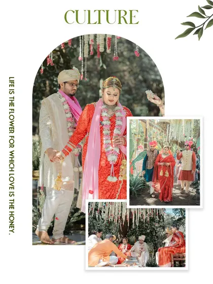 A collage showcasing the cultural richness of a wedding, from the couple's portrait to family participation in the rituals.
