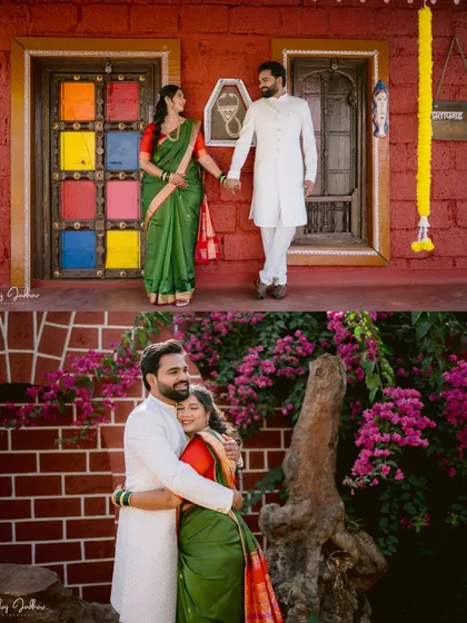 A collage showing the couple's portraits at their traditional engagement venue.