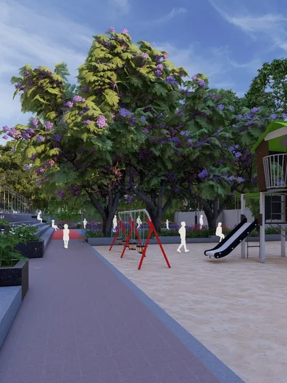 A conceptual design for a children's play area, complete with a treehouse-style slide and swings. We design these spaces to be safe, engaging, and surrounded by nature, encouraging imaginative play.