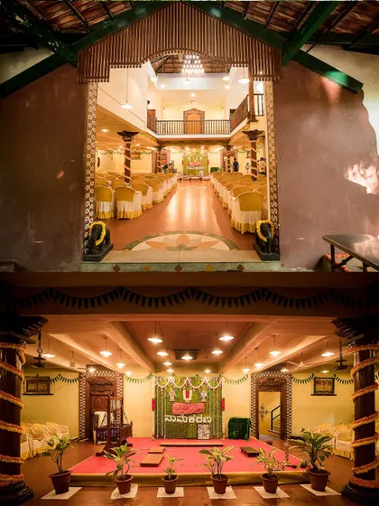 A collage showing the grand and traditional architecture of a wedding hall, beautifully decorated for the ceremony.