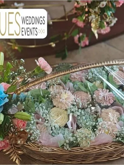 This graphic advertises our premier wedding planning services, showcasing a beautiful floral gift basket. It represents our ability to handle all aspects of an event, including guest favors and gifting.