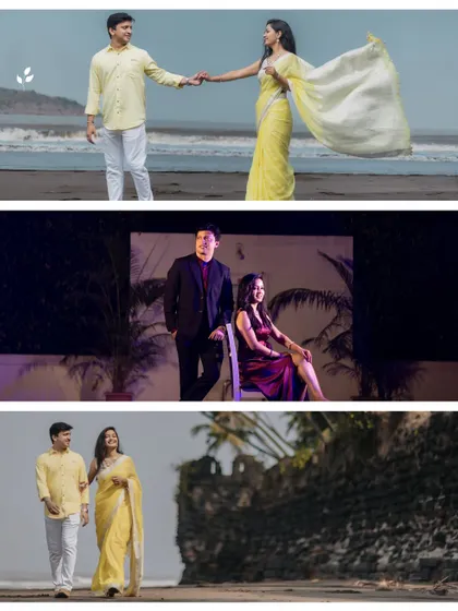 This collage shows the versatility of a beach location, from a romantic walk in traditional wear to a stylish evening look, all set against the beautiful Alibaug coastline.