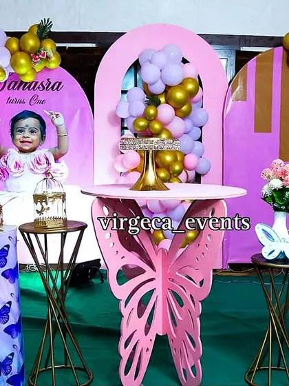 A stunning butterfly-themed first birthday with large, intricate butterfly wing props and a personalized backdrop.