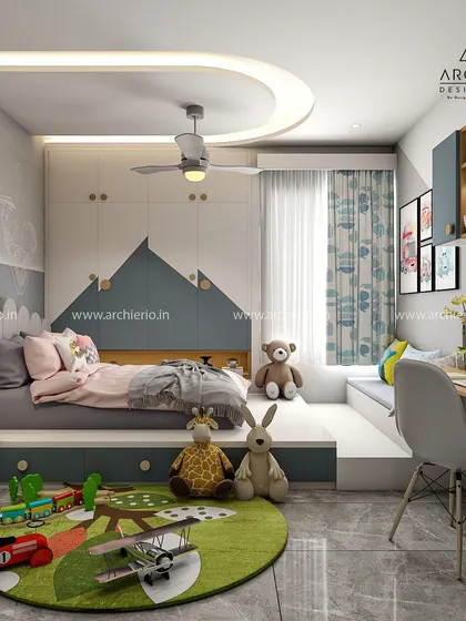 A modern and functional kids' bedroom with a podium bed and an integrated study area. The space-themed rug and mountain-shaped wall design make it a perfect room for a young explorer.