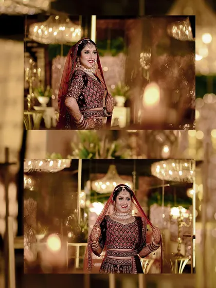 A collage of bridal portraits of Pooja, showing her in different moods and poses.