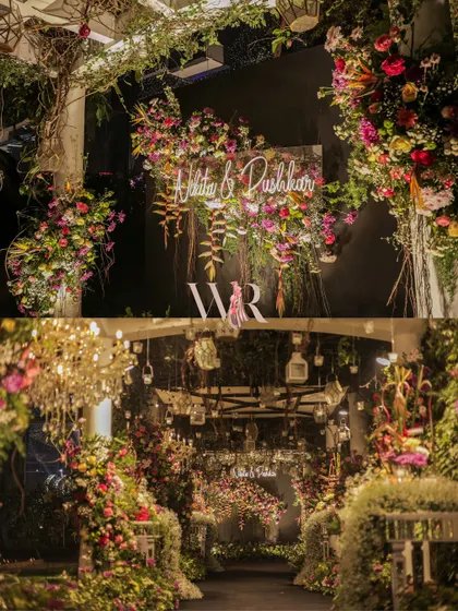 A collage showing the entrance to a 'Garden of Dreams' engagement. The top image shows the neon sign with the couple's name, while the bottom shows the full, immersive floral tunnel that guests walked through.