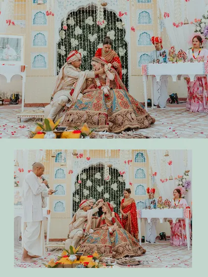 A collage of the wedding rituals, showing the couple seated at the mandap and receiving blessings.