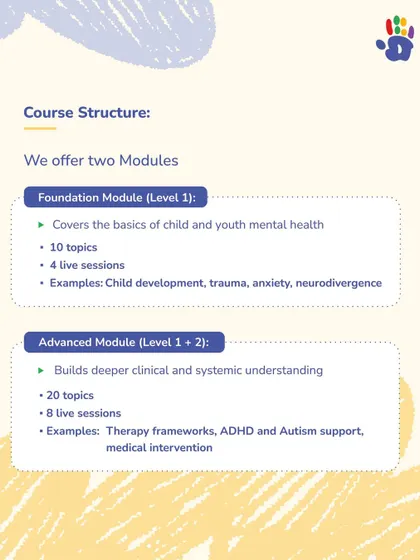We offer two flexible learning paths in our CYMH course. This visual breaks down the Foundation and Advanced modules, explaining the topics covered in each, from the basics of child development to deeper clinical understanding of therapy frameworks and interventions.