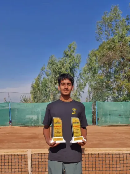 Prateek Sheoran with his runner-up trophies for both Singles and Doubles at the NS16 tournament in Jalandhar, showing great consistency.