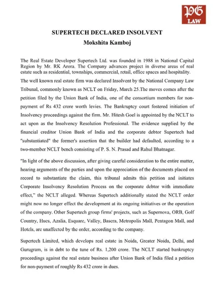 A detailed write-up on the Supertech insolvency proceedings, outlining the NCLT's decision and its implications. This analysis helps clients understand the Corporate Insolvency Resolution Process (CIRP) and the steps they need to take.