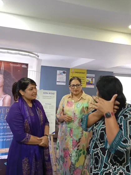 A hands-on consultation during our hair analysis camp. This is where I can physically assess hair health and recommend the right combination of in-clinic treatments and KERA BOND at-home care.