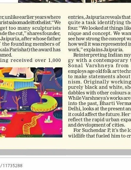 A press clipping from the New Indian Express about the "Young and artful" winners of our award. The article details the selection process and the diverse themes explored by the artists.