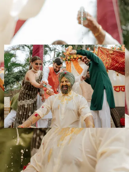 The action of the Haldi ceremony, with guests enthusiastically participating in the ritual.