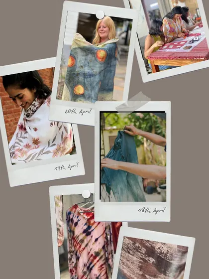 A collage of photos from our Earth Day weekend, showcasing the beautiful, naturally dyed creations made by participants. The event included workshops, a fashion show, and panel discussions.