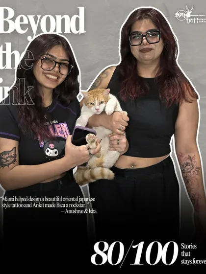 "Mansi helped design a beautiful oriental japanese style tattoo and Ankit made Bicu a rockstar." The whole family, including the cat Bicu, celebrating their new tattoos.