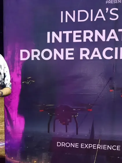Standing by the official banner for India's first International Drone Racing League, an event I was thrilled to anchor.