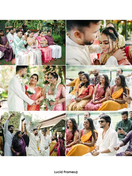 A collage of moments from an intimate Kerala wedding, showing guests, rituals, and the happy couple.