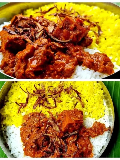 Can you guess this dish? This is a delicious vegan preparation we served as part of a plantain leaf meal, showcasing how traditional recipes can be adapted for modern dietary preferences.