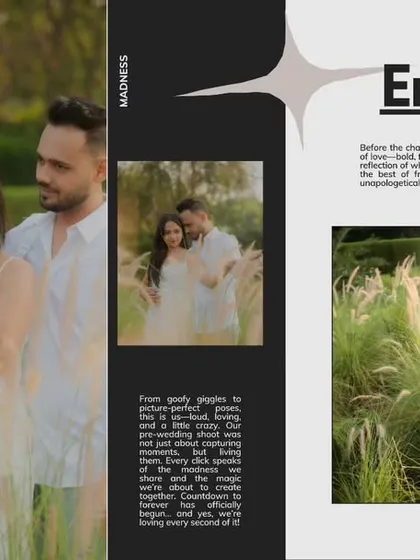 A modern, magazine-style layout of Nirav and Alpi's pre-wedding photos. The 'Entwined' theme is captured through a mix of candid and posed shots in a beautiful field of tall grass.