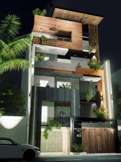 The night view of the 'A43' residence concept. The lighting design emphasizes the verticality of the structure and highlights the different material textures, from the warm wood panels to the sleek dark metal frames.