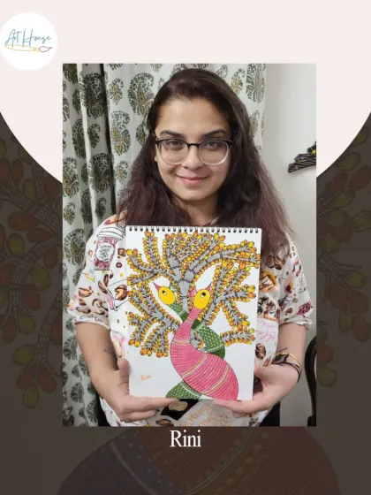 Student Rini proudly displays her completed Gond art painting. It's so rewarding to see students master new techniques and create something they love.
