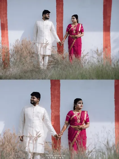 A diptych from Chethan and Muduganga's engagement shoot, showing the couple holding hands against a simple, rustic wall.