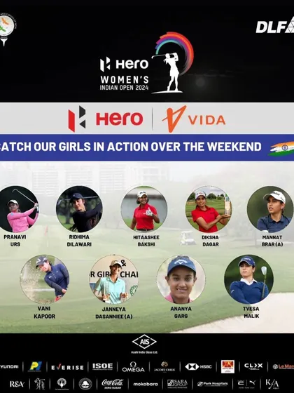 An announcement graphic showcasing the talented women from our academy competing in the Hero Women's Indian Open 2024. We are proud to have so many of our players represented at this prestigious event.