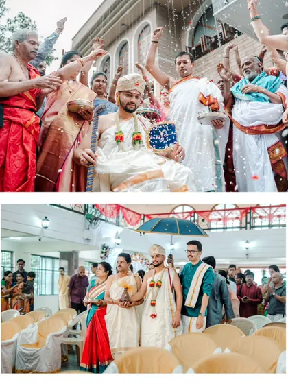 A collage showing the groom's entrance, including the Kashi Yatra ritual, a significant part of a Brahmin wedding.