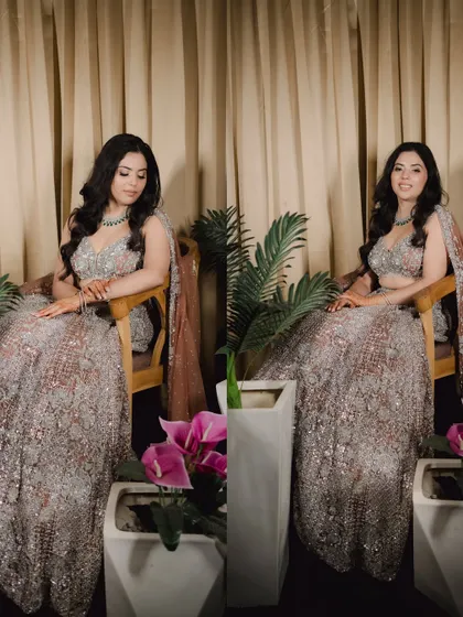 A diptych of the bride seated gracefully. Her elegant pose and the beautiful details of her sangeet lehenga are highlighted in these portraits.