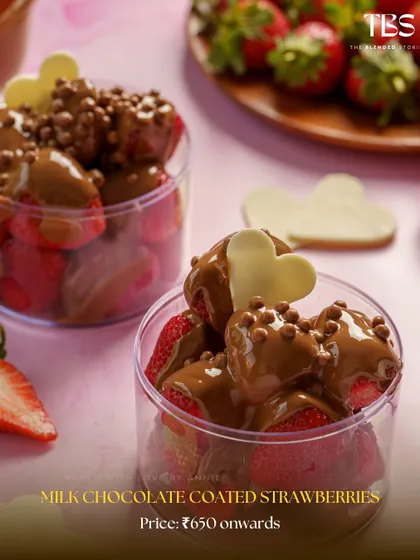 My Milk Chocolate Coated Strawberry Tubs, featuring fresh Mahabaleshwar strawberries drenched in Belgian milk chocolate and topped with a white chocolate heart.