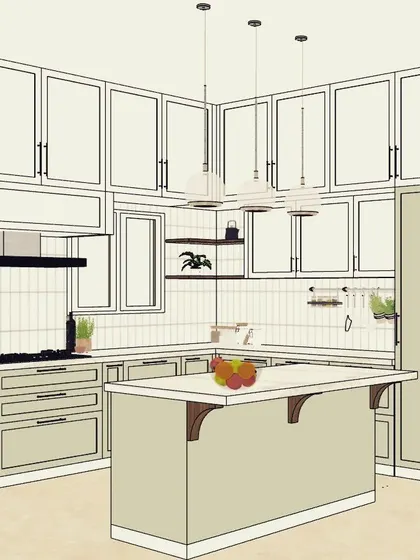 Here's a 3D render of a kitchen design, which is often the most complex part of any project. We meticulously plan the layout, cabinetry, and island to ensure maximum functionality and flow before we even start building.
