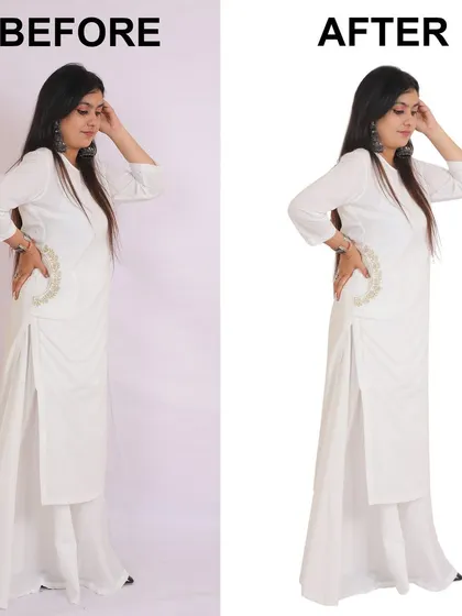 The magic is in the editing. This before and after comparison shows how we take a raw studio image and transform it into a crisp, professional photo with a pure white background, perfect for Amazon, Myntra, and other marketplaces.