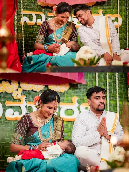 A collage from a naming ceremony, showing the proud parents with their newborn during the rituals. We document the solemnity and the joy of these traditions.