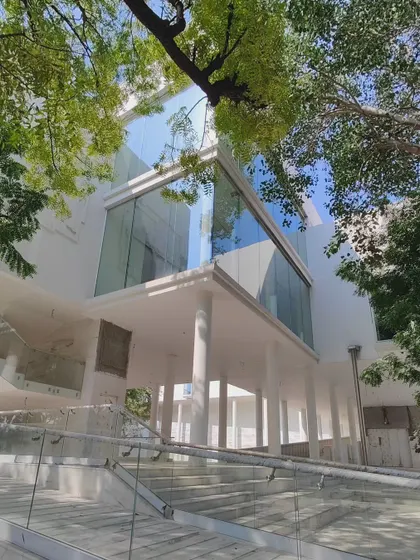 Glimpses of our ongoing project for the Koba Jain Museum. The pristine white structure is lifted on stilts and nestled among existing trees, creating a serene pavilion that invites community interaction and feels light upon the earth.