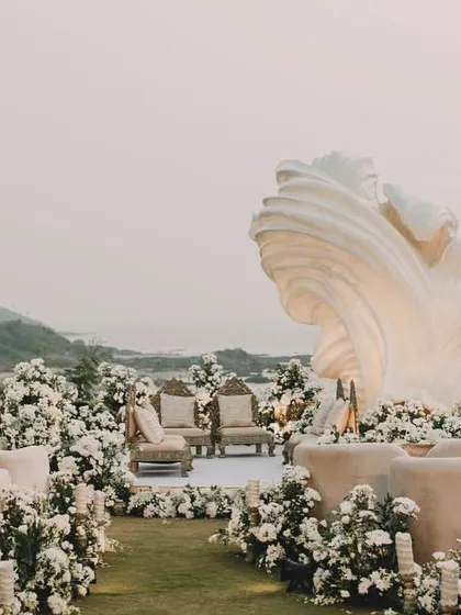 A close-up of the artistic mandap for the ivory sundowner wedding in Goa, a perfect example of how art can become a part of the celebration.